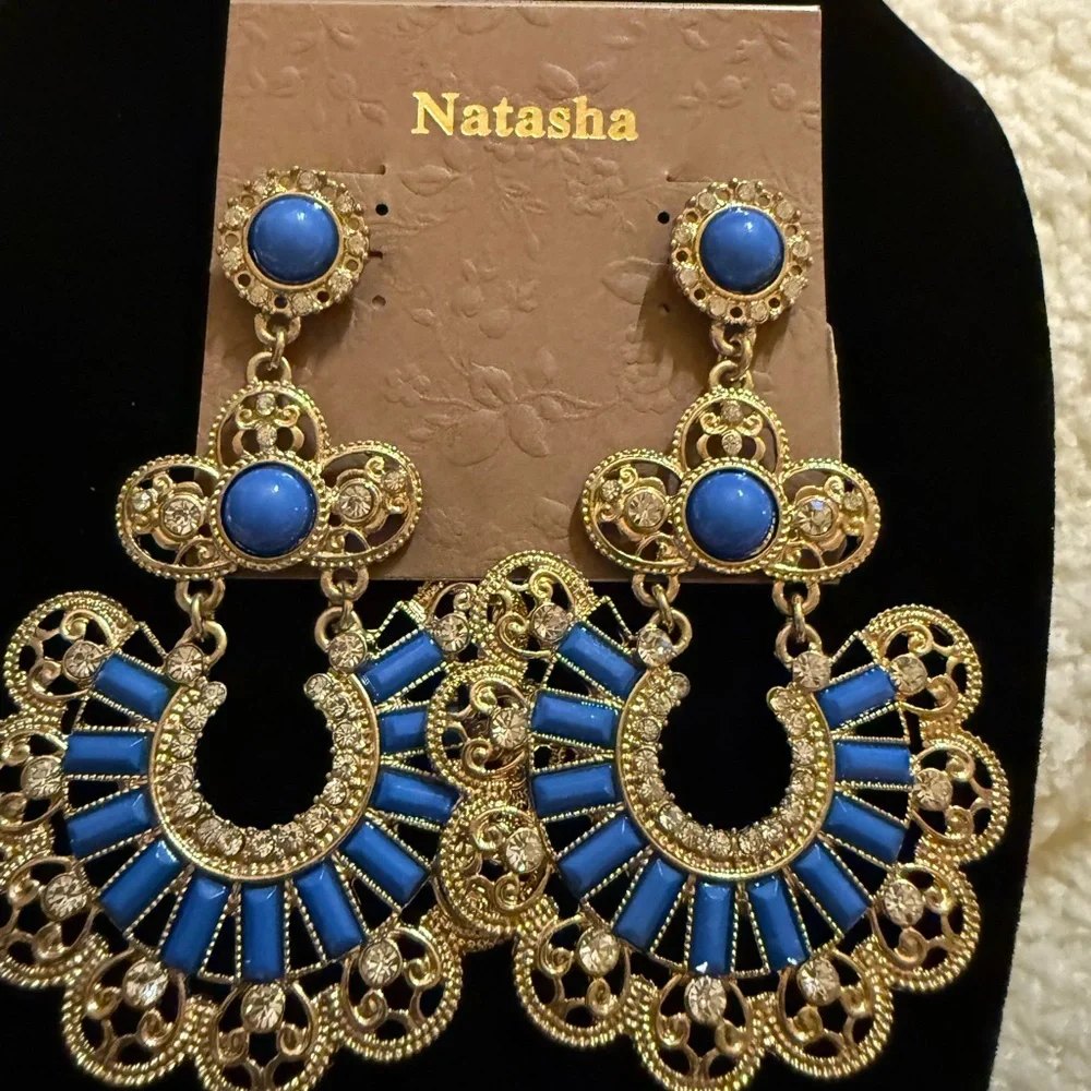 Natasha Couture Blue and Gold Filigree Earrings